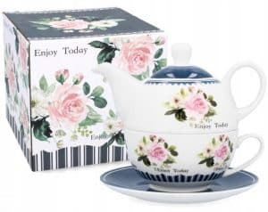 Čajník keramický so šálkou kvetovaný