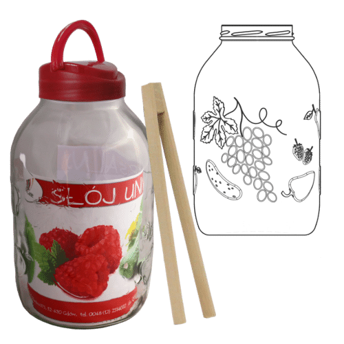 Sklenená zaváraninová nádoba 5L s viečkom + recept a kliešte na ovocie