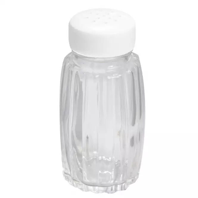 Sklenená soľnička / korenička priehľadná 50 ml s bielym alebo čiernym vrchnákom – Obrázok 2